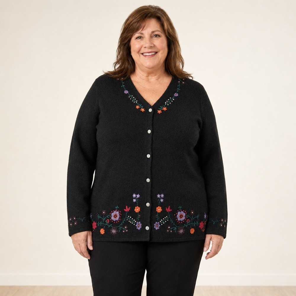 Karen Scott II Cardigan Women's 1X Black 100% Wool Embroidered Floral